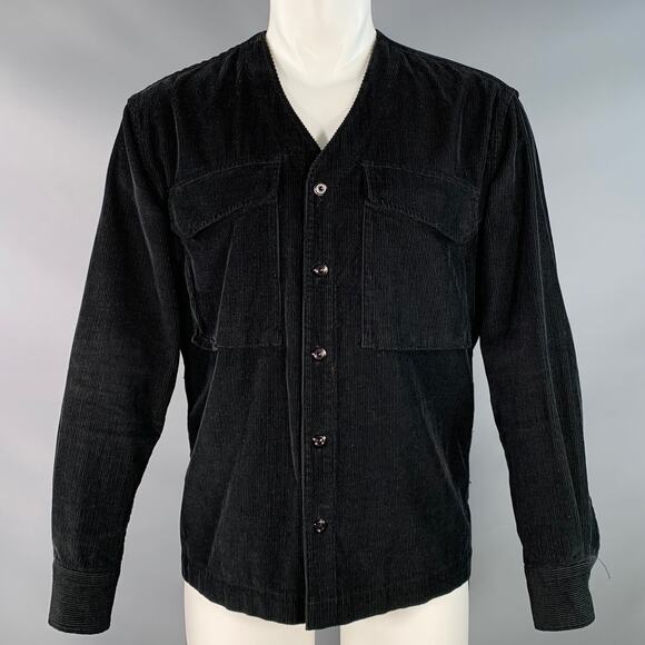 EASTLOGUE Size M Black Corduroy Cotton Collarless V-Neck Jacket - Picture 1 of 5